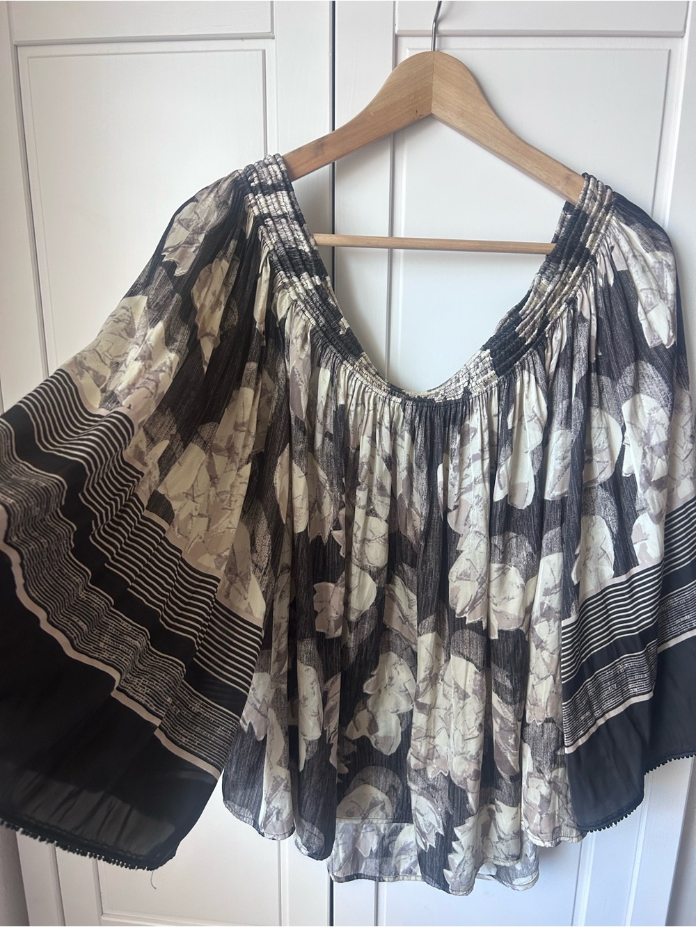 Halston Heritage Black and Cream Floral Off-Shoulder Blouse